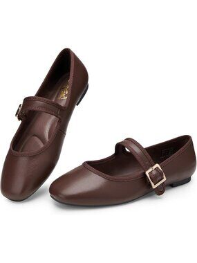 〽️Women's Mary Jane Flats Coffee PU Dressy Square Toe Adjustable Buckle Strap